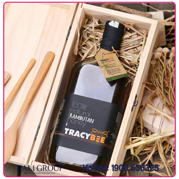 Hộp Quà Gỗ 1 Chai Mật Ong Hoa Chôm Chôm Tracybee